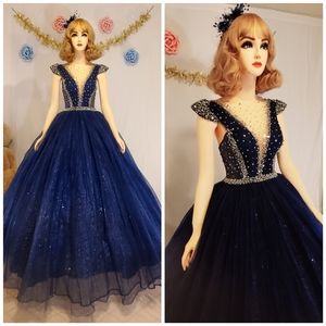 Navy Blue Cap Sleeve Beaded Gown